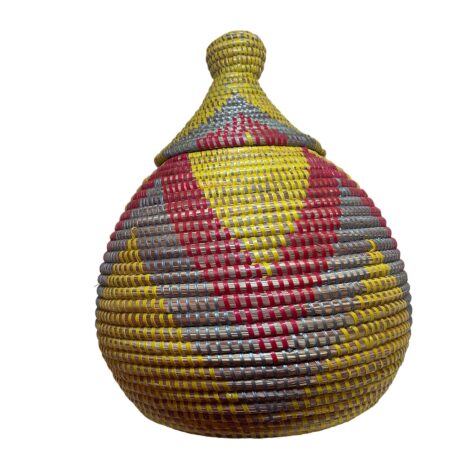 Woven basket with lid. color yellow, red and grey accent