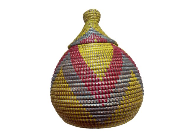 Woven basket with lid. color yellow, red and grey accent