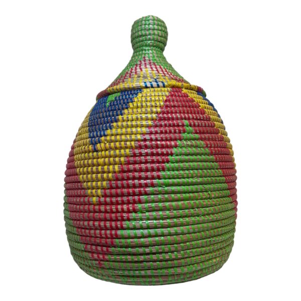 Woven basket with lid. Color green with red, yellow and blue accent