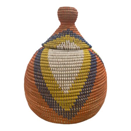 Woven basket with lid. color orange with blue, yellow, and white accent